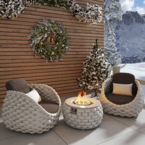 Cozy 2-seat winter outdoor chair set featuring a smokeless outdoor fire pit table.
