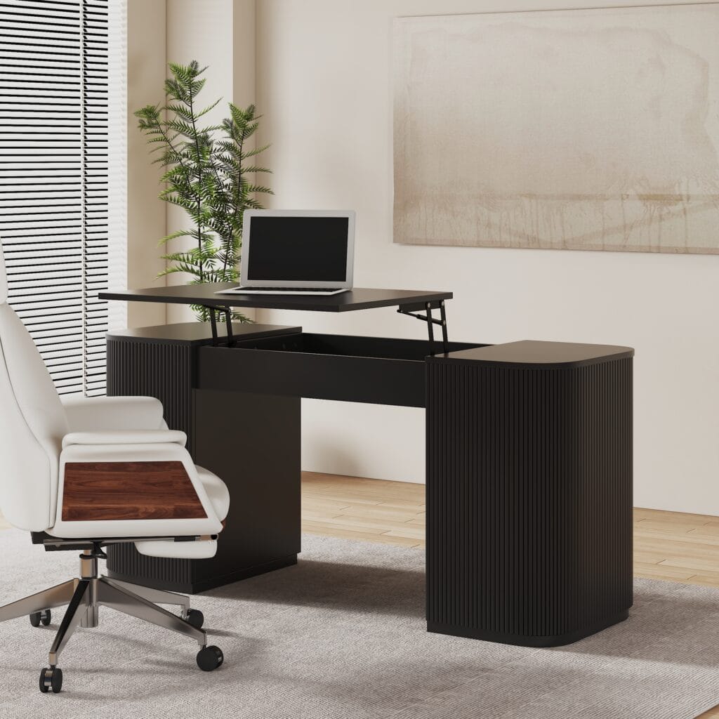 The Sicotas Collection 68 Stylish desk and chair set featuring a standing computer desk storage solution for organization.