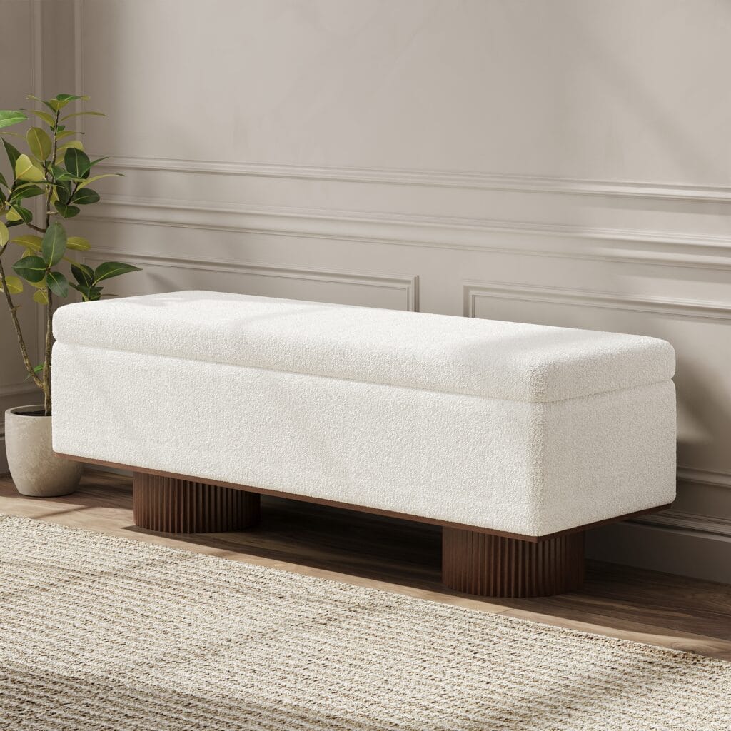 The Sicotas Collection 40 Elegant boucle entryway bench with cozy fabric and modern fluted wooden legs.