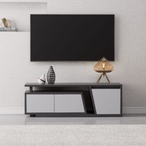 Stylish modern gray wood tv stand with three deep drawers and expandable design.