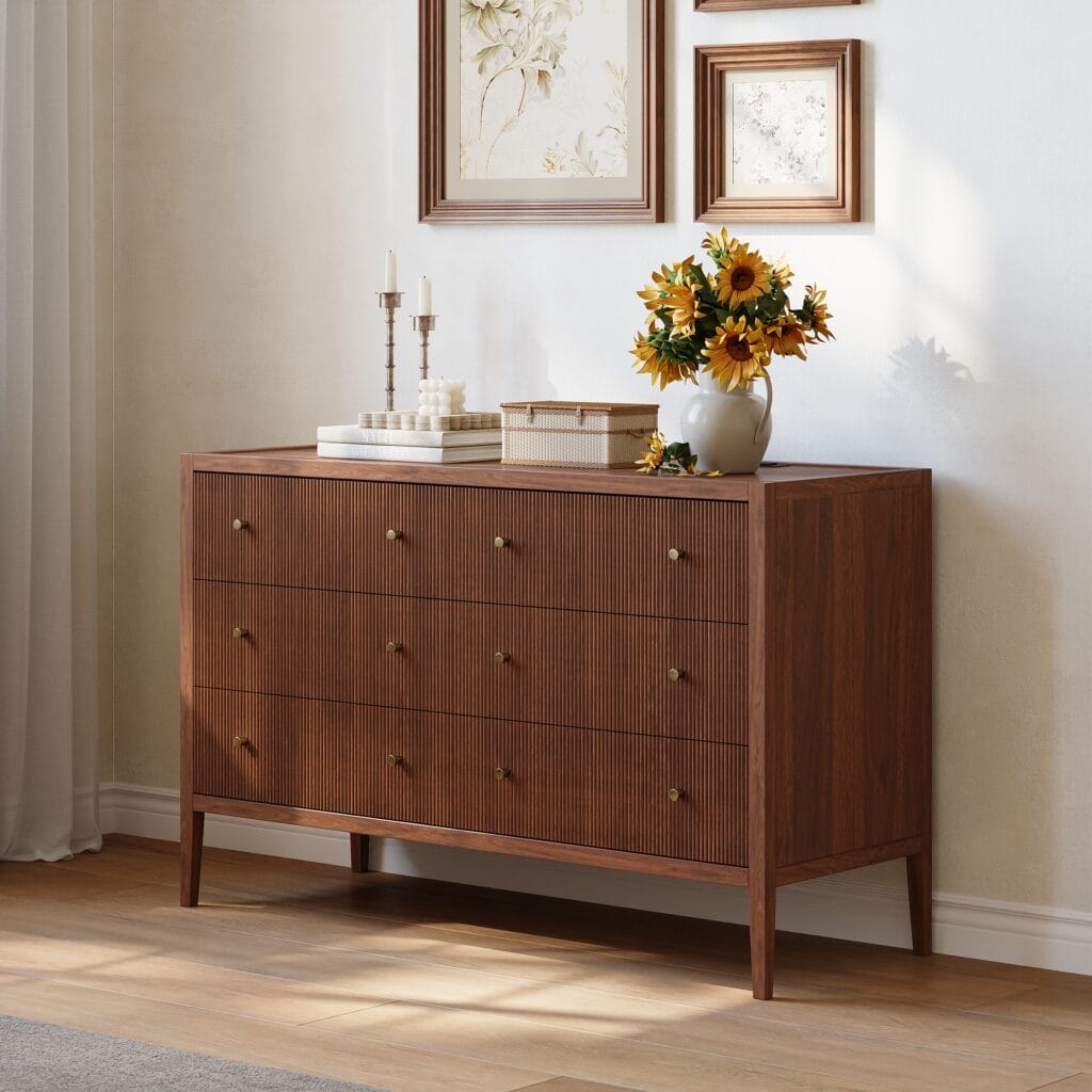 Textured Stria 47 Fluted Dresser with six drawers and built-in charging for organized storage.