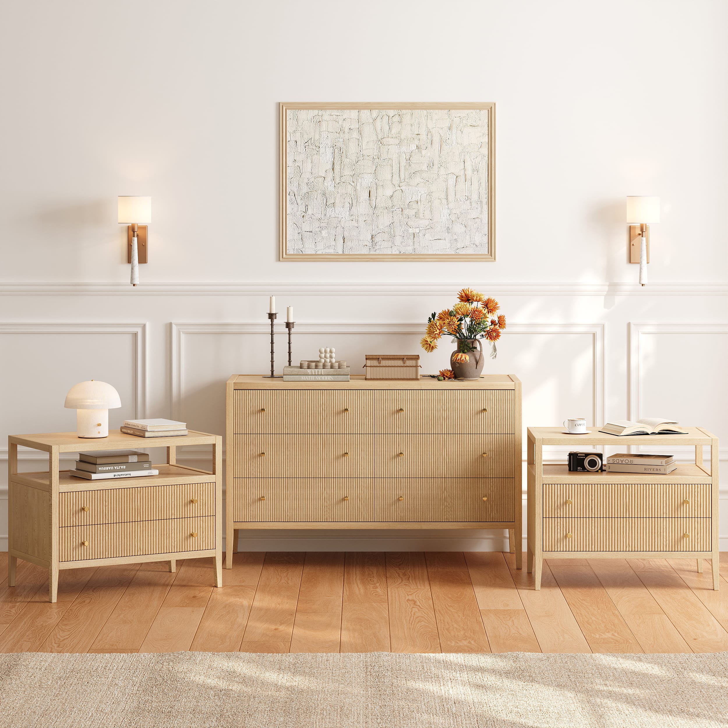 Natural Fluted Dresser And Nightstands Set 1 Elegant fluted dresser and nightstands set featuring a modern fluted panel design.