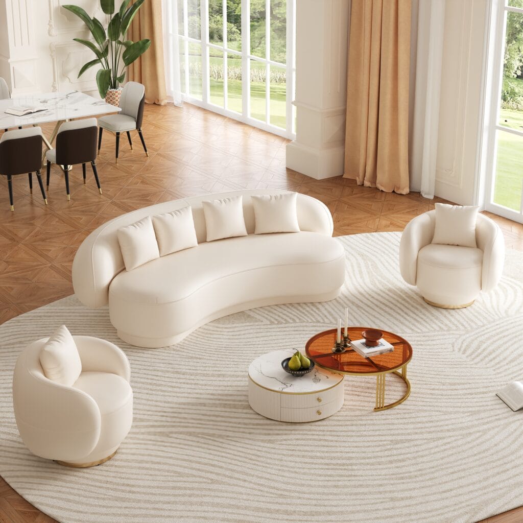 Elegant faux leather sofa set featuring smooth curves and plush seating for modern comfort.