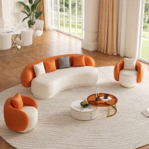 Vibrant Suncurve Faux Leather Sofa Set featuring smooth curves and plush seating for comfort.