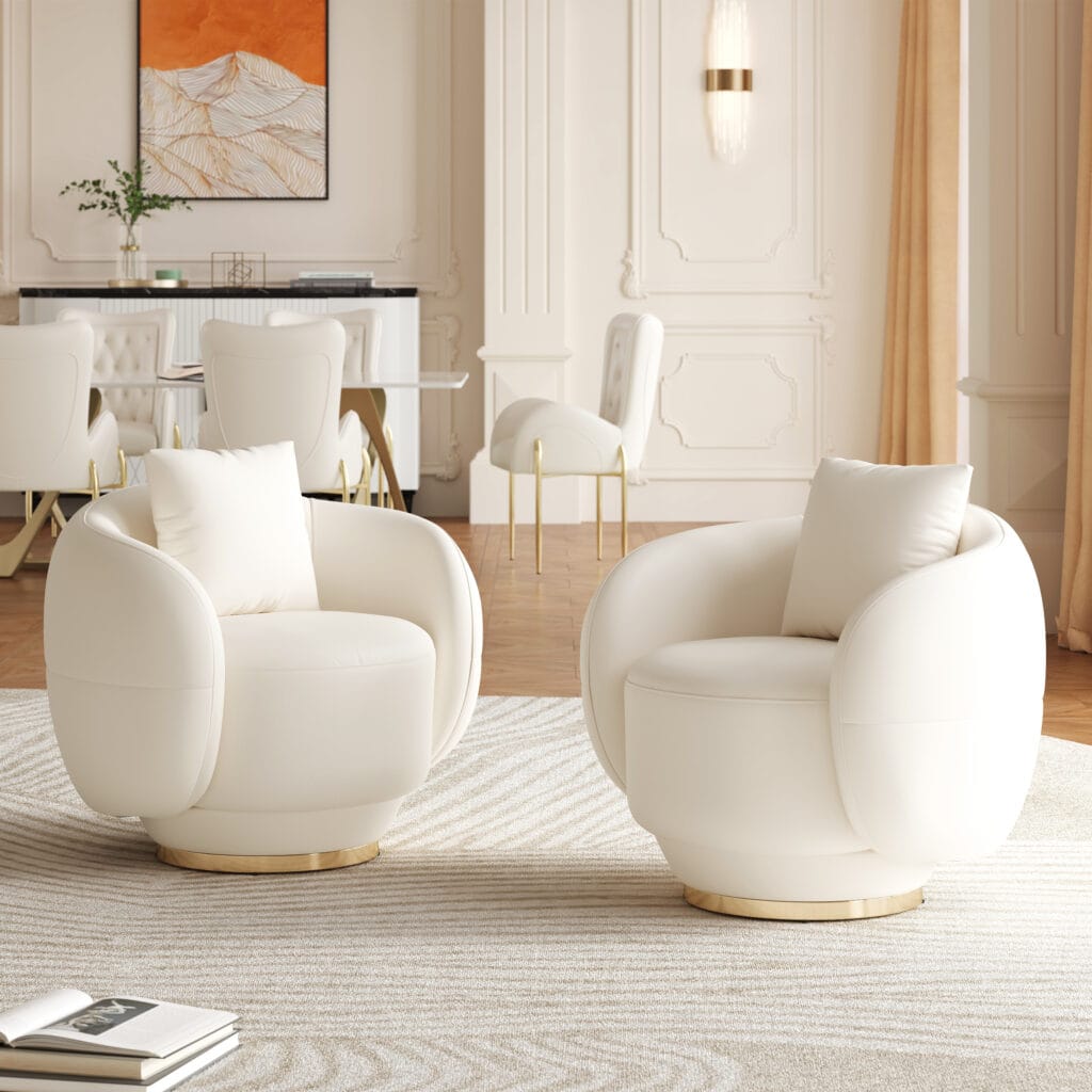 Playful faux leather swivel chair set featuring a sloped barrel silhouette and cushioning.