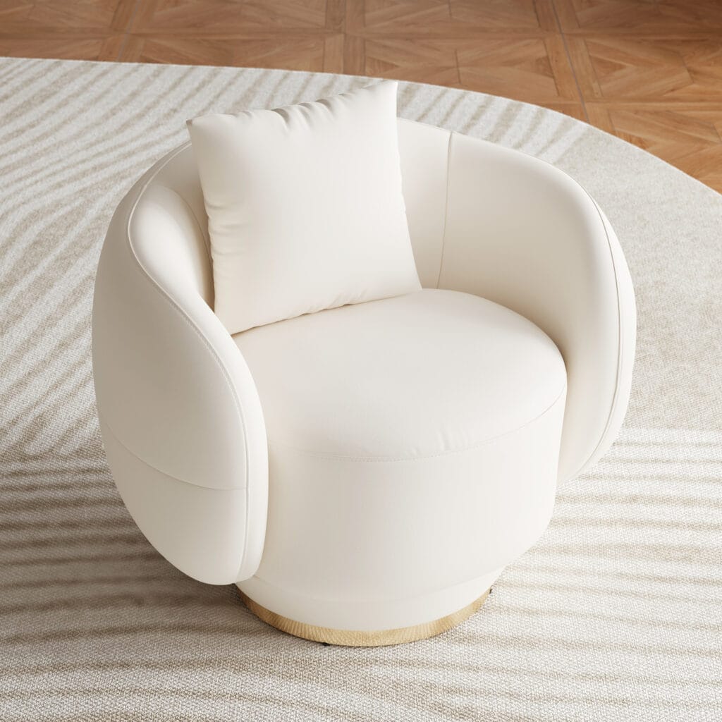 Suncurve collection faux leather swivel accent chair featuring a sloped barrel silhouette.