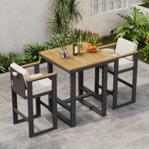 Stylish Tevara outdoor dining set featuring a teak wood tabletop and dark gray frames.