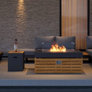 Cozy outdoor propane fire pit table set with matching propane tank cover for gatherings.