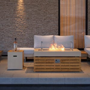 Cozy outdoor propane fire pit table set offering 50,000 BTU warmth and stylish design.