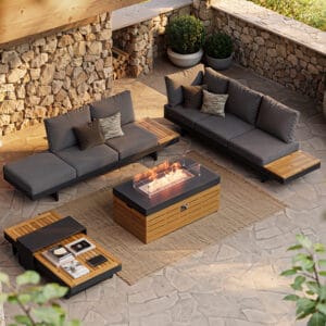 Modern outdoor modular sofa set featuring plush cushions and a propane-powered fire pit.
