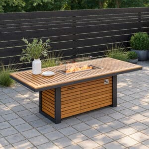 Gather around the Tevara outdoor propane fire pit table with adjustable flames and storage.
