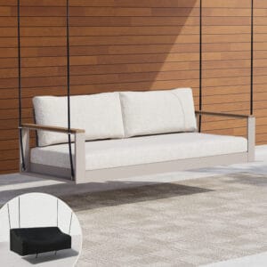 Tevara outdoor hanging swing sofa featuring natural teak accents for modern outdoor relaxation.