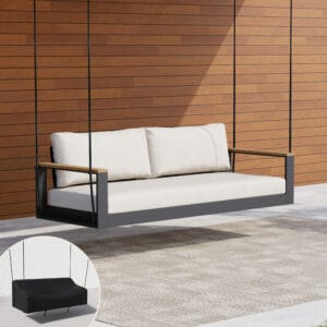 Tevara outdoor hanging swing sofa with natural teak accents for stylish relaxation.