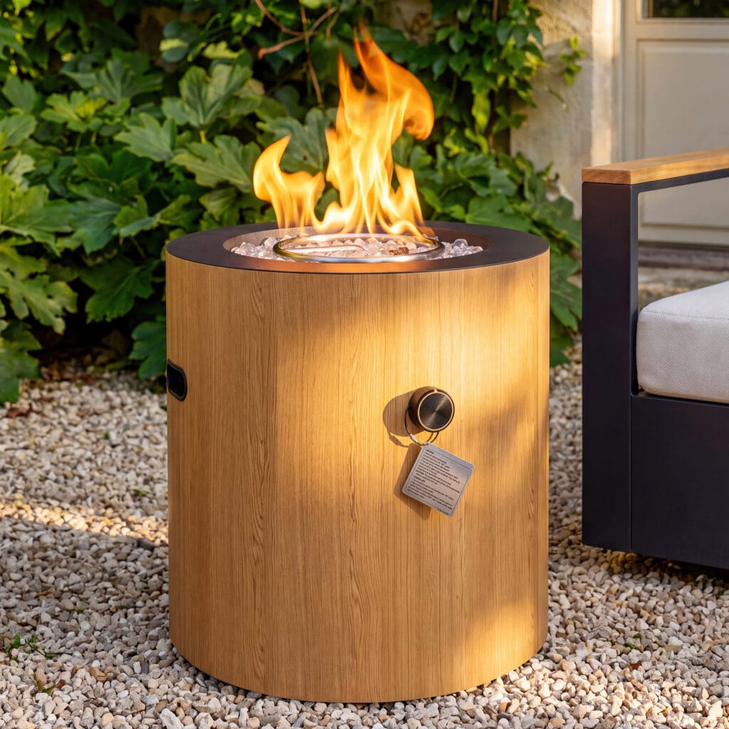 The Sicotas Collection 35 Chic aluminum side table featuring Tevara Outdoor Smokeless Fire Pit for cozy evenings.