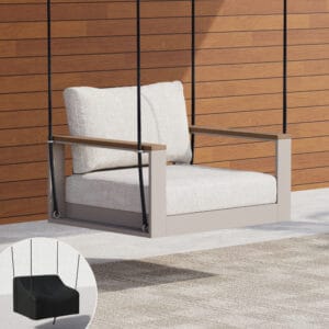 Tevara outdoor hanging swing chair combines comfort and teak accents, perfect outdoor swing sofa for relaxation.