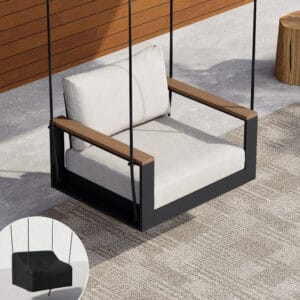 Tevara outdoor swing sofa features natural teak accents and rust-resistant aluminum for outdoor relaxation.