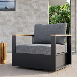 Stylish Tevara Teak Outdoor Swivel Chair designed for relaxed patio and poolside seating.