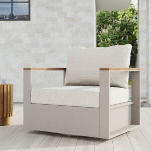 Stylish outdoor swivel chair featuring a durable aluminum frame and weather-resistant upholstery.
