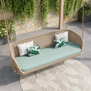 Relaxing outdoor woven rope swing sofa perfect for sipping coffee or enjoying sunsets.
