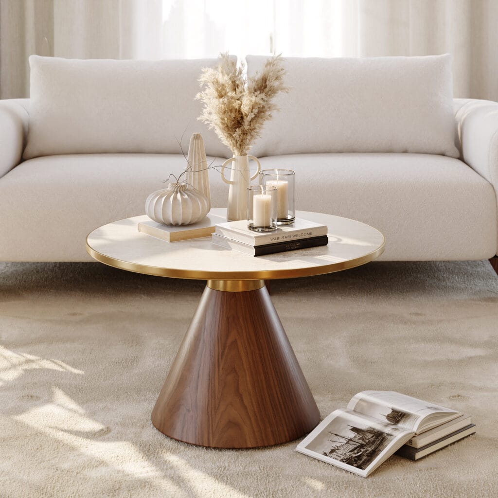 Living Room Furniture 23 Stylish 28" round travertine coffee table with a sintered stone top and walnut base.