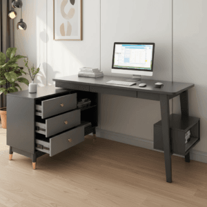 Versatile L-shaped rotating desk with integrated storage, perfect for small spaces.