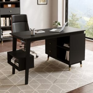Modern L shaped home office desk set featuring reversible layout and plush faux leather chair.