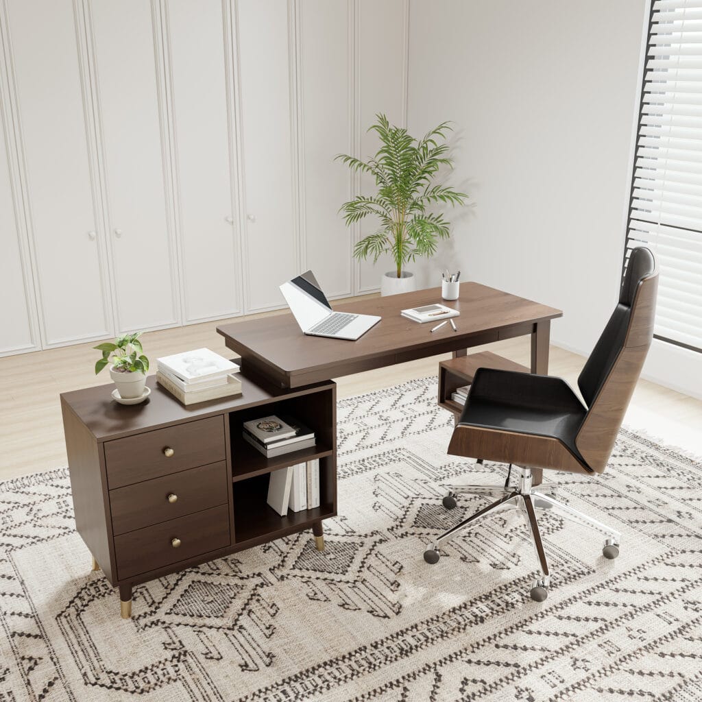 The Sicotas Collection 66 Modern Ultic L-shaped desk and chair set designed for home office comfort and flexibility.