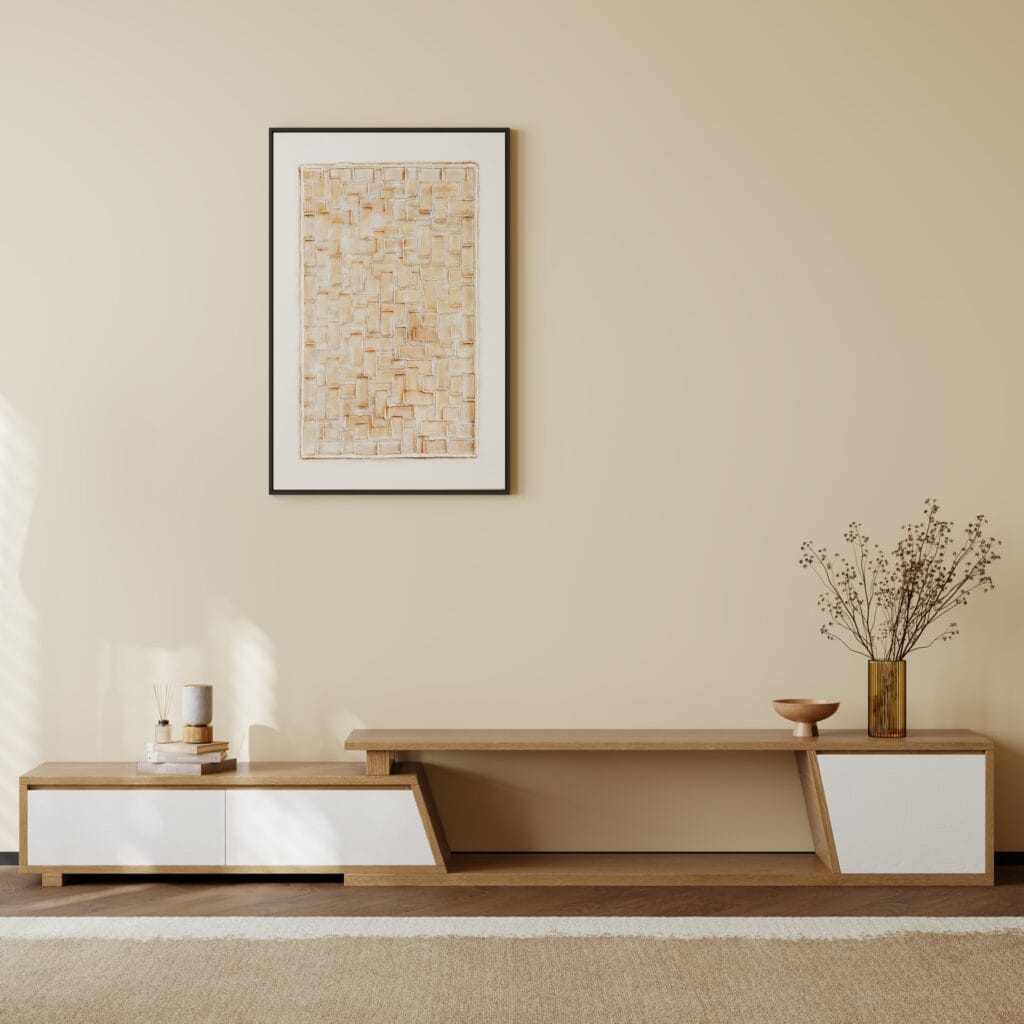 Living Room Furniture 17 Stylish white extendable TV stand with three soft-close drawers for organized storage.