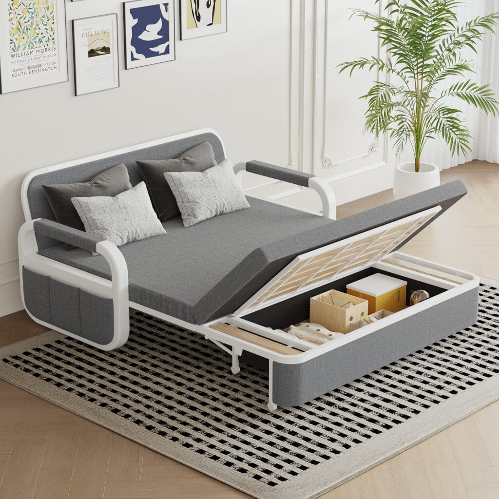 Sleek small space sleeper sofa with breathable linen upholstery and built-in storage.