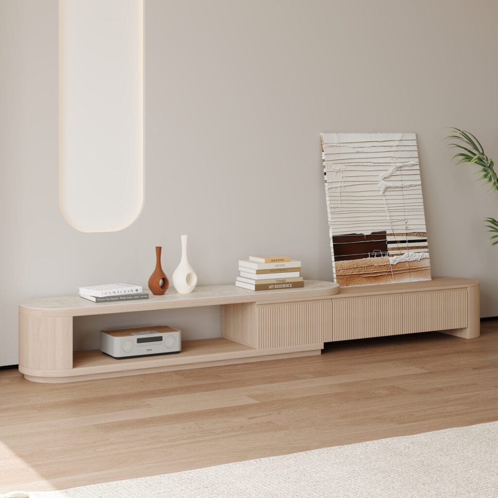 Living Room Furniture 13 Stylish living room featuring the Velar Extendable TV Stand with fluted detailing and storage drawers.