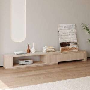 Stylish living room featuring the Velar Extendable TV Stand with fluted detailing and storage drawers.