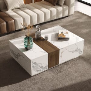 Natural stone and walnut veneer wood block coffee table with built-in storage drawers.