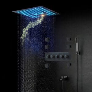 Modern wall-mounted shower system featuring a 16" rainfall showerhead and six body sprays.