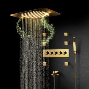 Modern rainfall shower system featuring a gold wall mounted shower system for a luxurious experience.