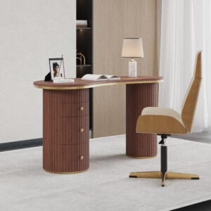 Modern walnut office desk with chair featuring an elegant curved design and premium PU leather upholstery.
