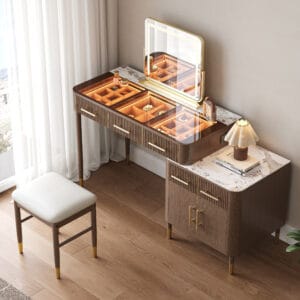 Elegant makeup vanity set with lighted mirror featuring dimmable glass-topped jewelry storage.
