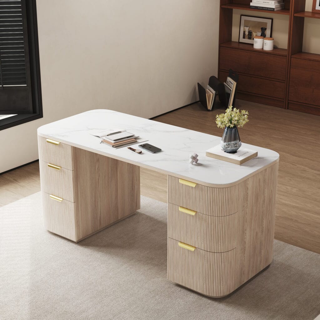 The Sicotas Collection 67 Modern rounded-edge rectangle desk with drawers and dual-sided storage for organization.