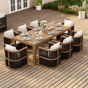 Relaxed seating around an 8-seat outdoor dining set with weather-resistant aluminum and rope weave chairs.
