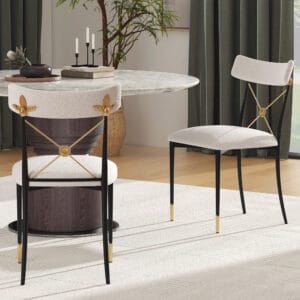 Elegant boucle dining chair set featuring a unique flower design on the back.