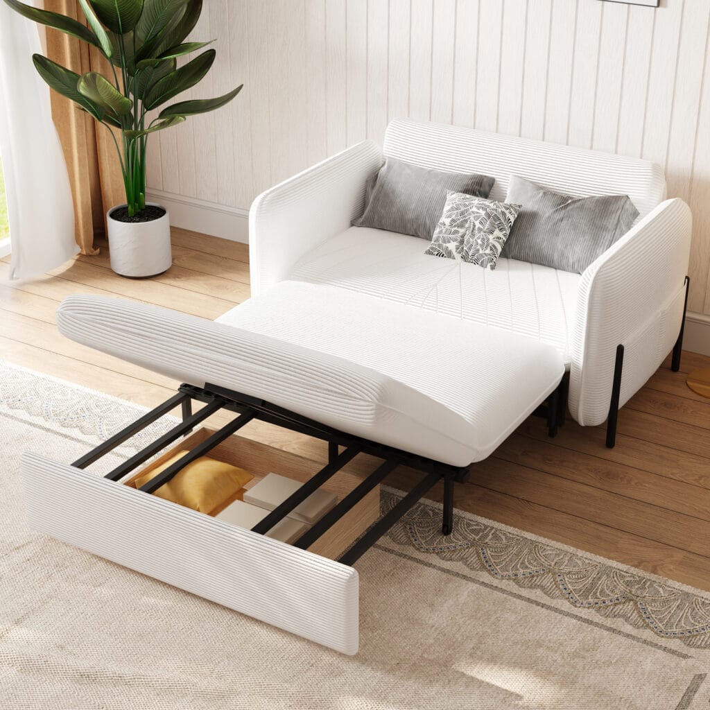 Compact White Daybed with Trundle easily converts from sofa to bed with storage.