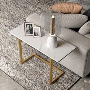 C-shaped end table design with sintered stone top and slim metal base.