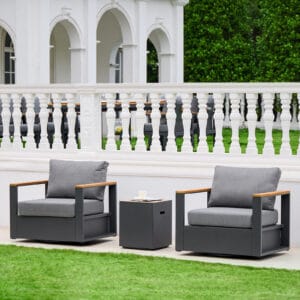 Stylish outdoor swivel chairs set of 2 with rust-resistant aluminum frame and weather-resistant fabric.