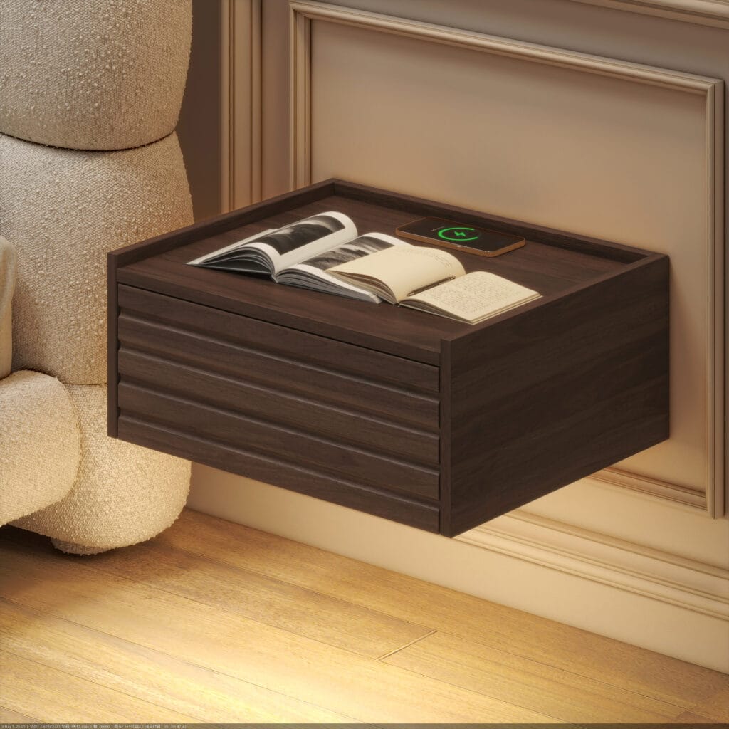Stylish wooden floating nightstand with charging features dual charging and a built-in nightlight.