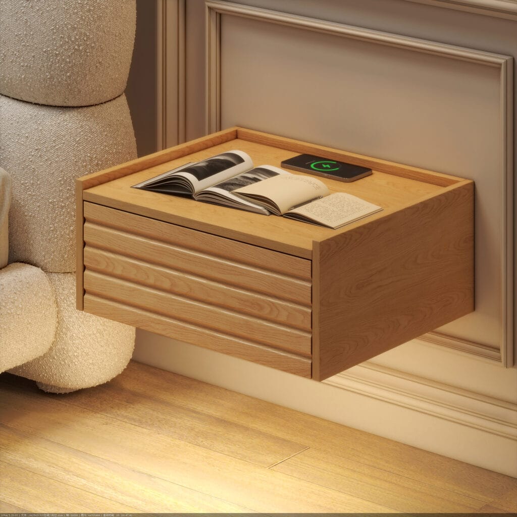 Wooden floating nightstand with charging features a built-in nightlight and stylish storage.