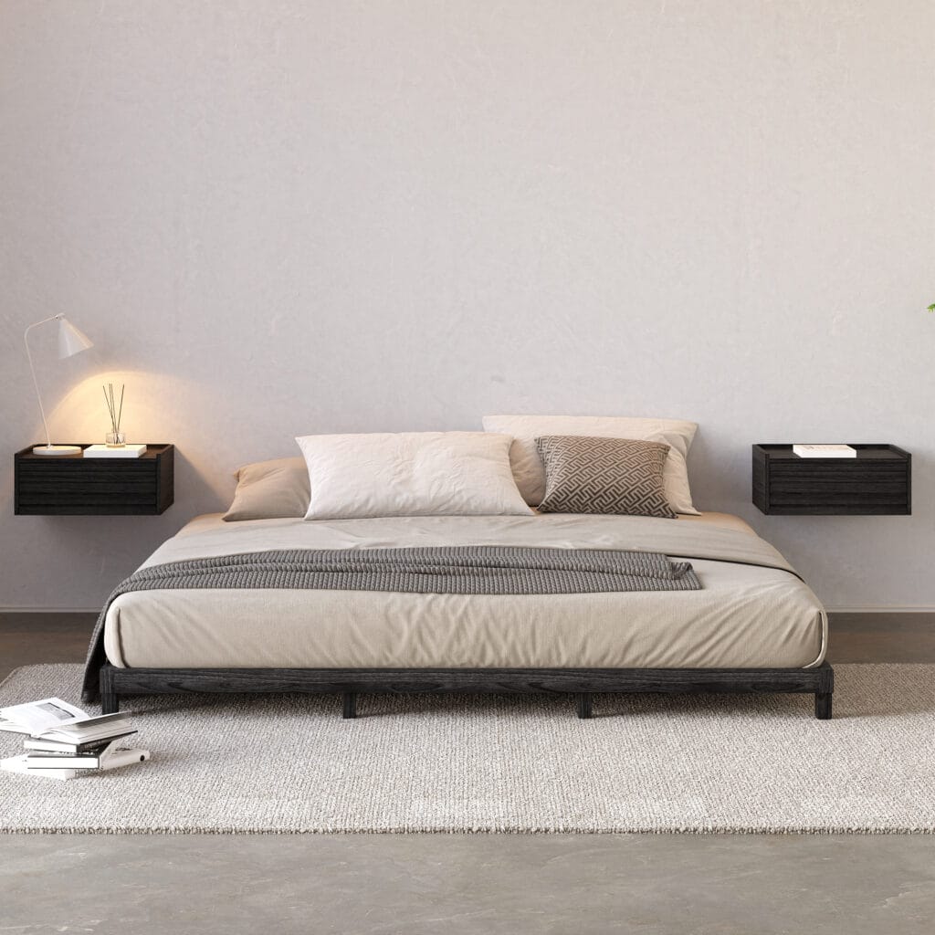 Elegant wooden bedside table with charging station featuring sleek grooved drawers and space-saving design.