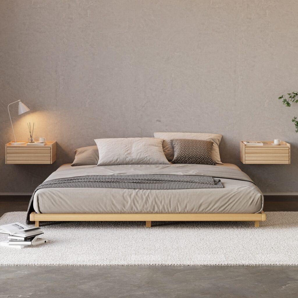 Elegant wooden floating nightstand with charging station featuring sleek grooved drawers and customizable height.