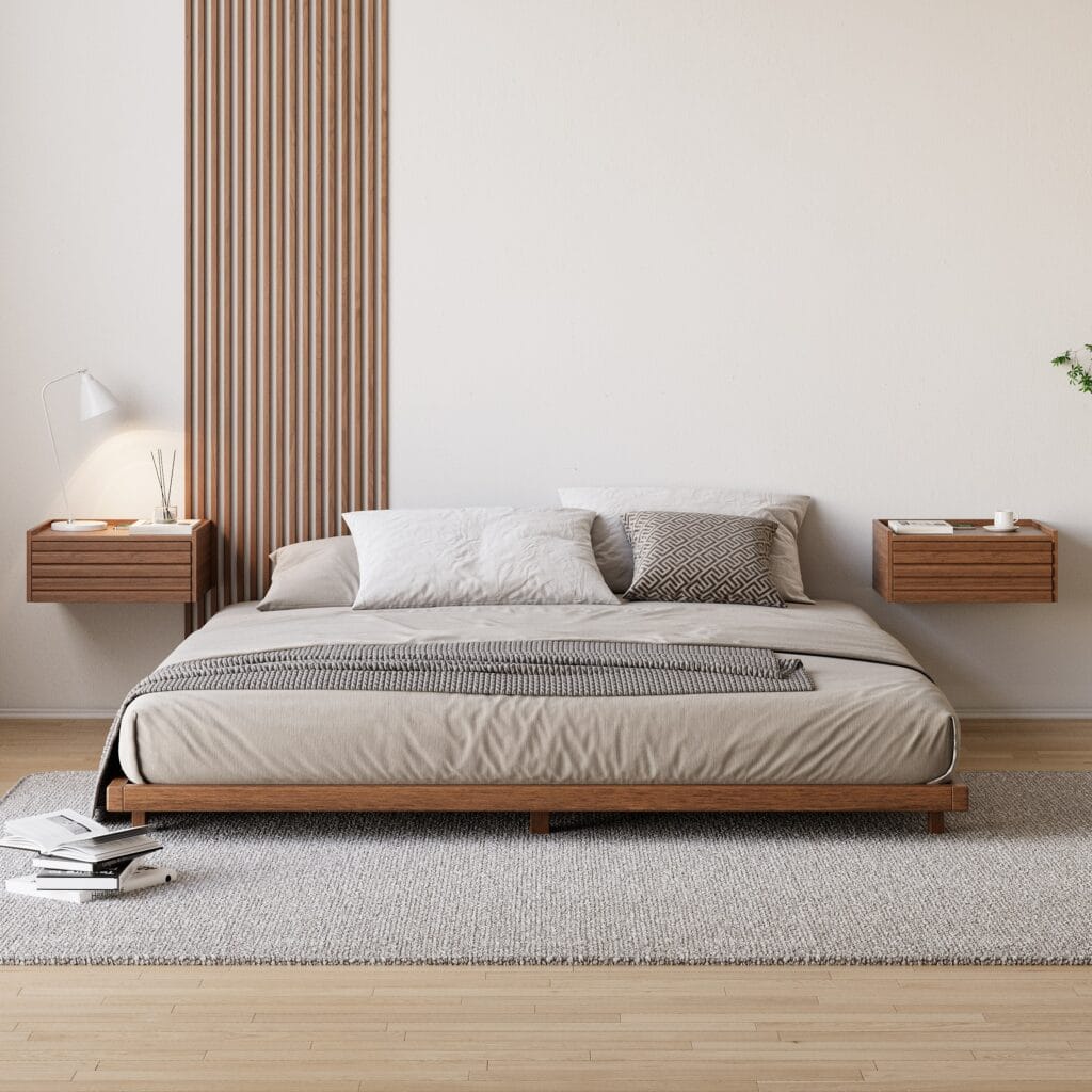 Elegant wooden floating nightstand featuring sleek drawers and charging options, wall-mountable design.