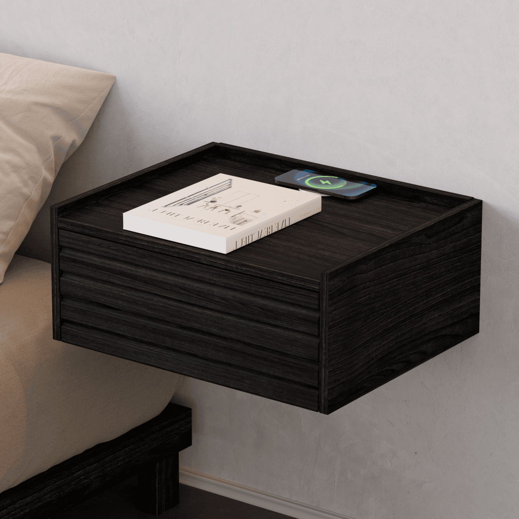 Elegant wooden bedside table with charging station featuring sleek grooved drawers and space-saving design.