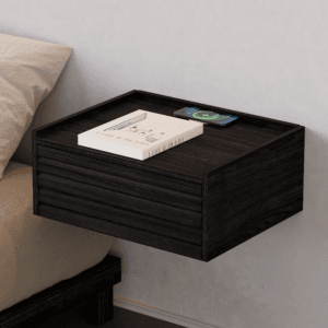 Elegant wooden bedside table with charging station featuring sleek grooved drawers and space-saving design.